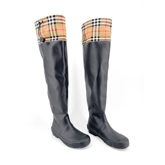 Burberry Freddie Over The Knee Rain Boots EU 37 US 7 Black Rubber Beige Check - Picture 1 of 16